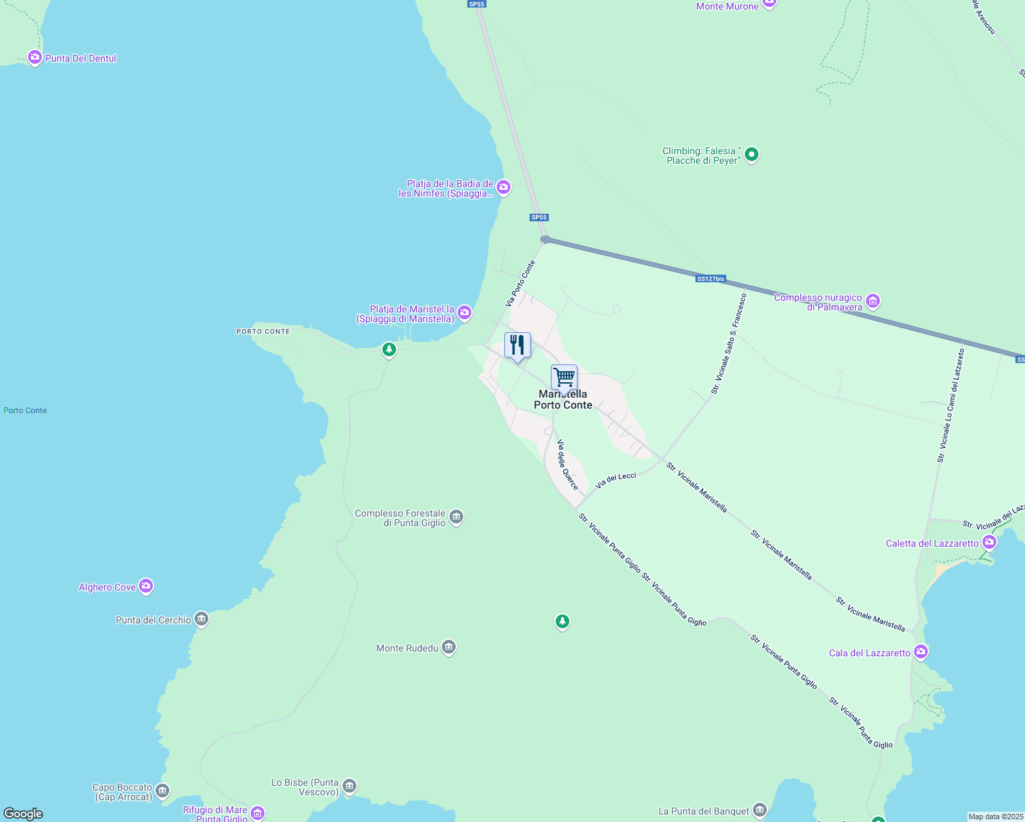 map of restaurants, bars, coffee shops, grocery stores, and more near 13 Via dei Tamerici in Maristella