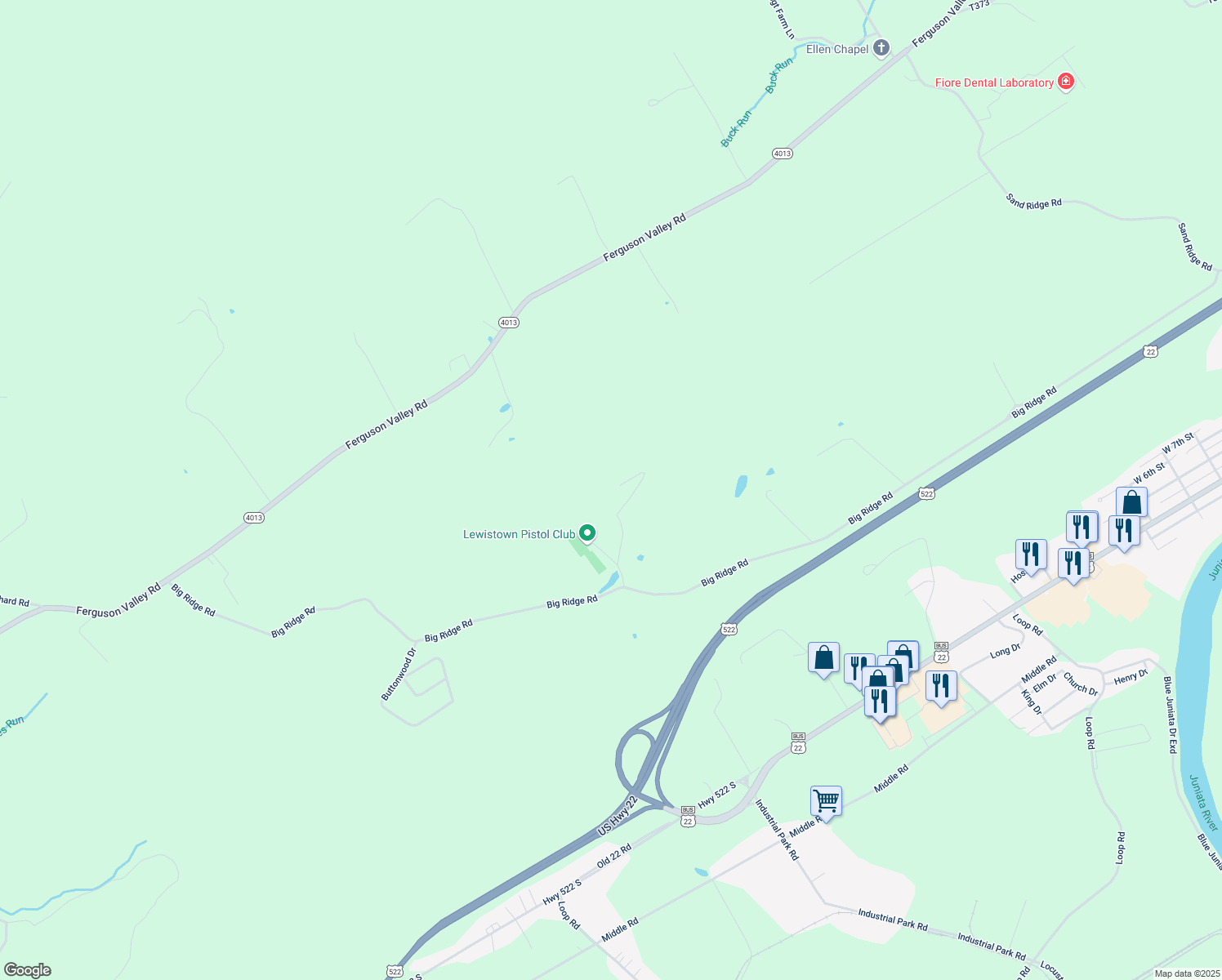 map of restaurants, bars, coffee shops, grocery stores, and more near 943 Ridge Runner Lane in Lewistown