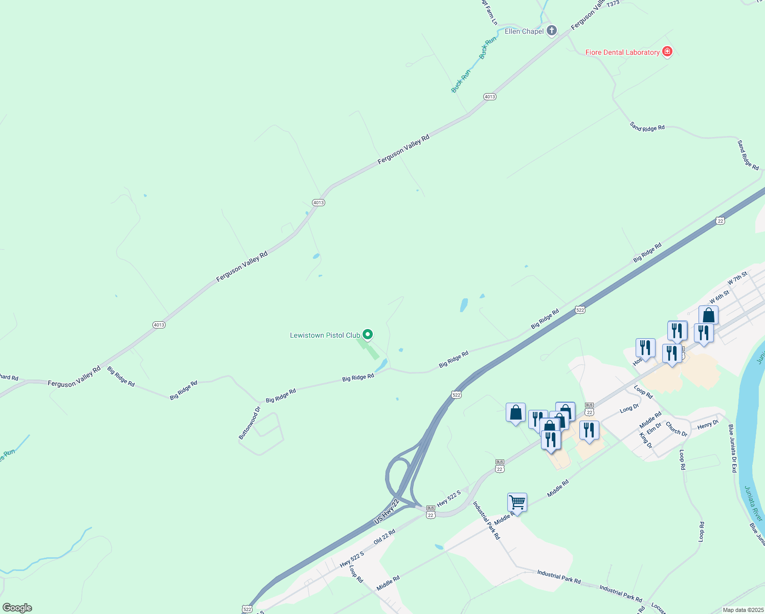 map of restaurants, bars, coffee shops, grocery stores, and more near 943 Ridge Runner Lane in Lewistown