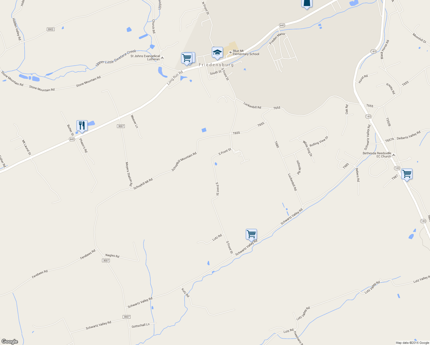 map of restaurants, bars, coffee shops, grocery stores, and more near 333 South Front Street in Schuylkill Haven