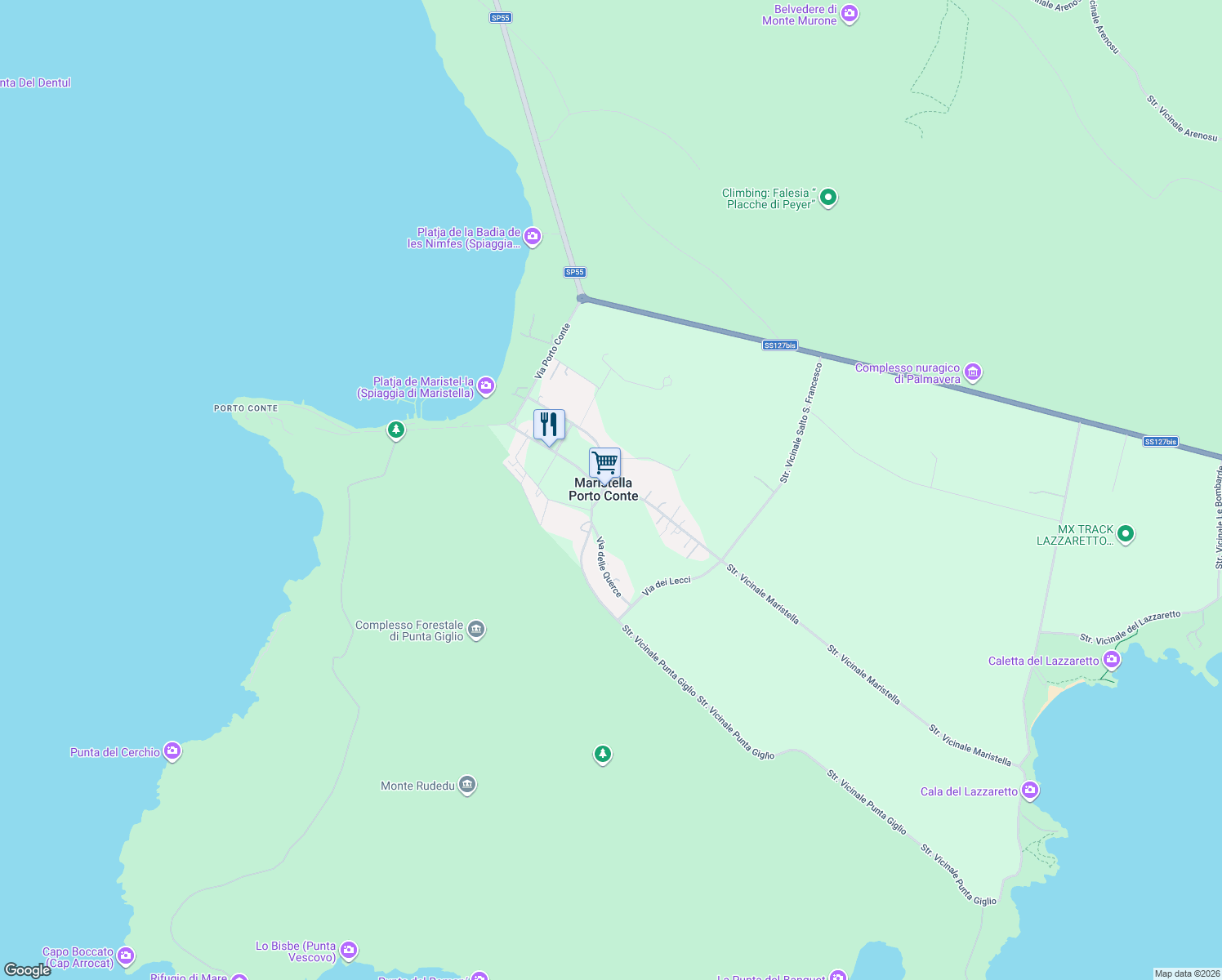 map of restaurants, bars, coffee shops, grocery stores, and more near 16 Via delle Vigne in Maristella