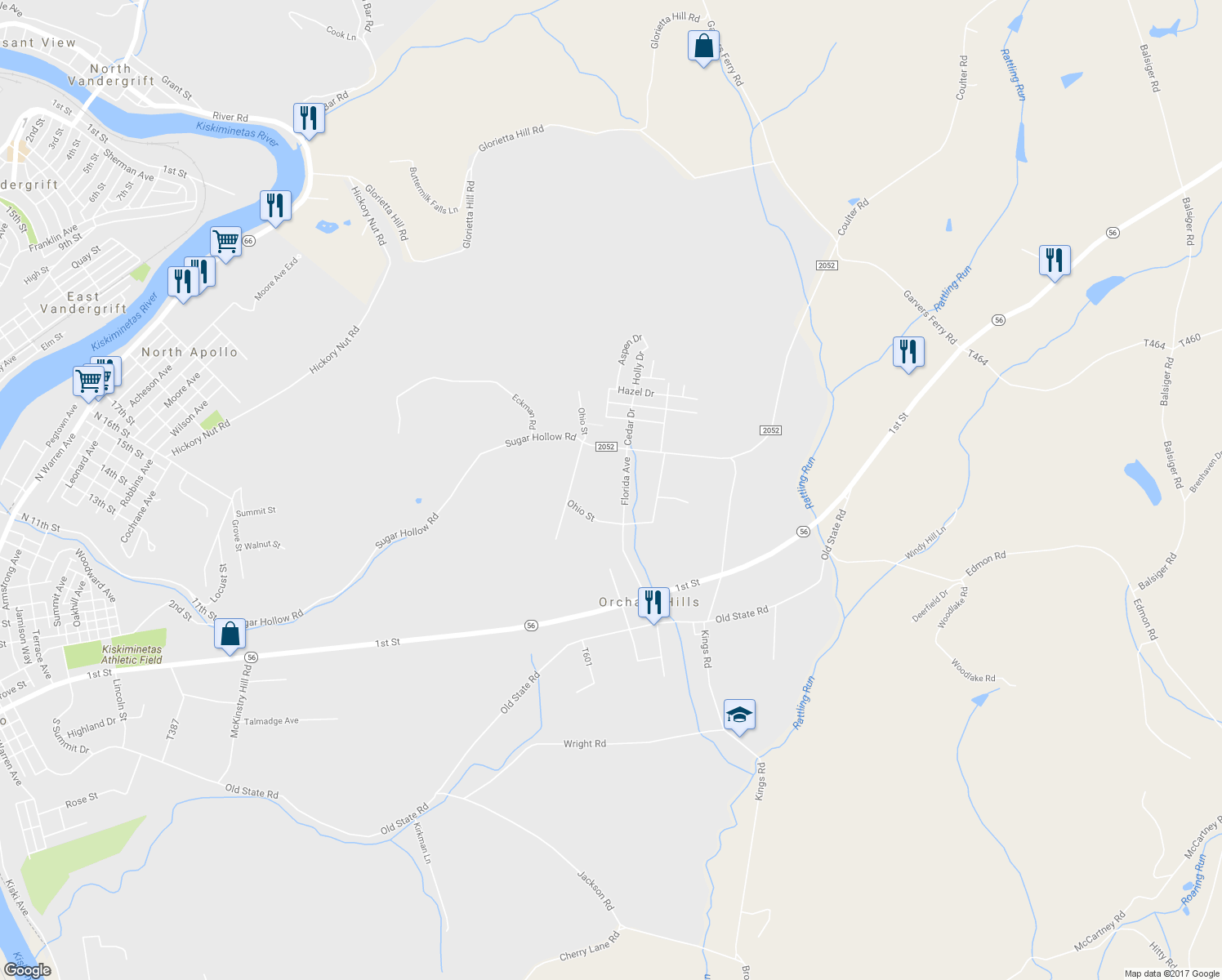 map of restaurants, bars, coffee shops, grocery stores, and more near 180 Ohio Street in Apollo