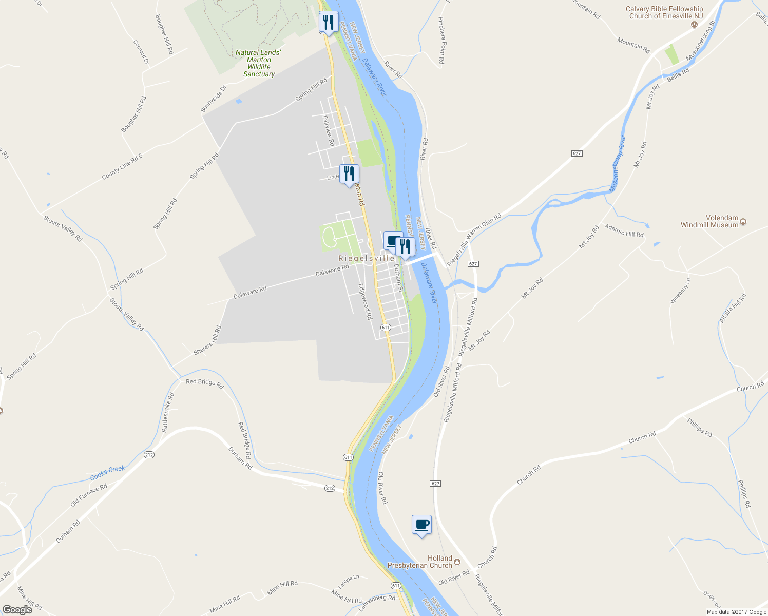 map of restaurants, bars, coffee shops, grocery stores, and more near 136 Sycamore Road in Riegelsville