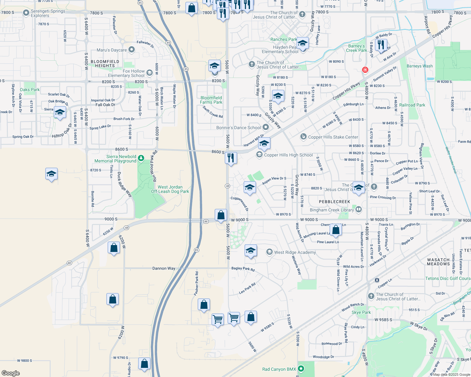 map of restaurants, bars, coffee shops, grocery stores, and more near 5551 Geronimo Way in West Jordan