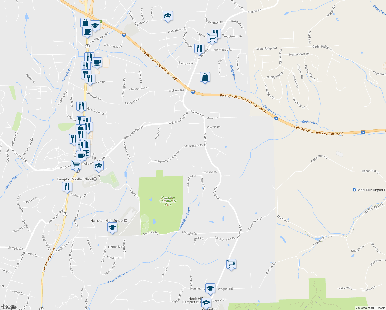 map of restaurants, bars, coffee shops, grocery stores, and more near 4625 Middle Rd in Hampton Township
