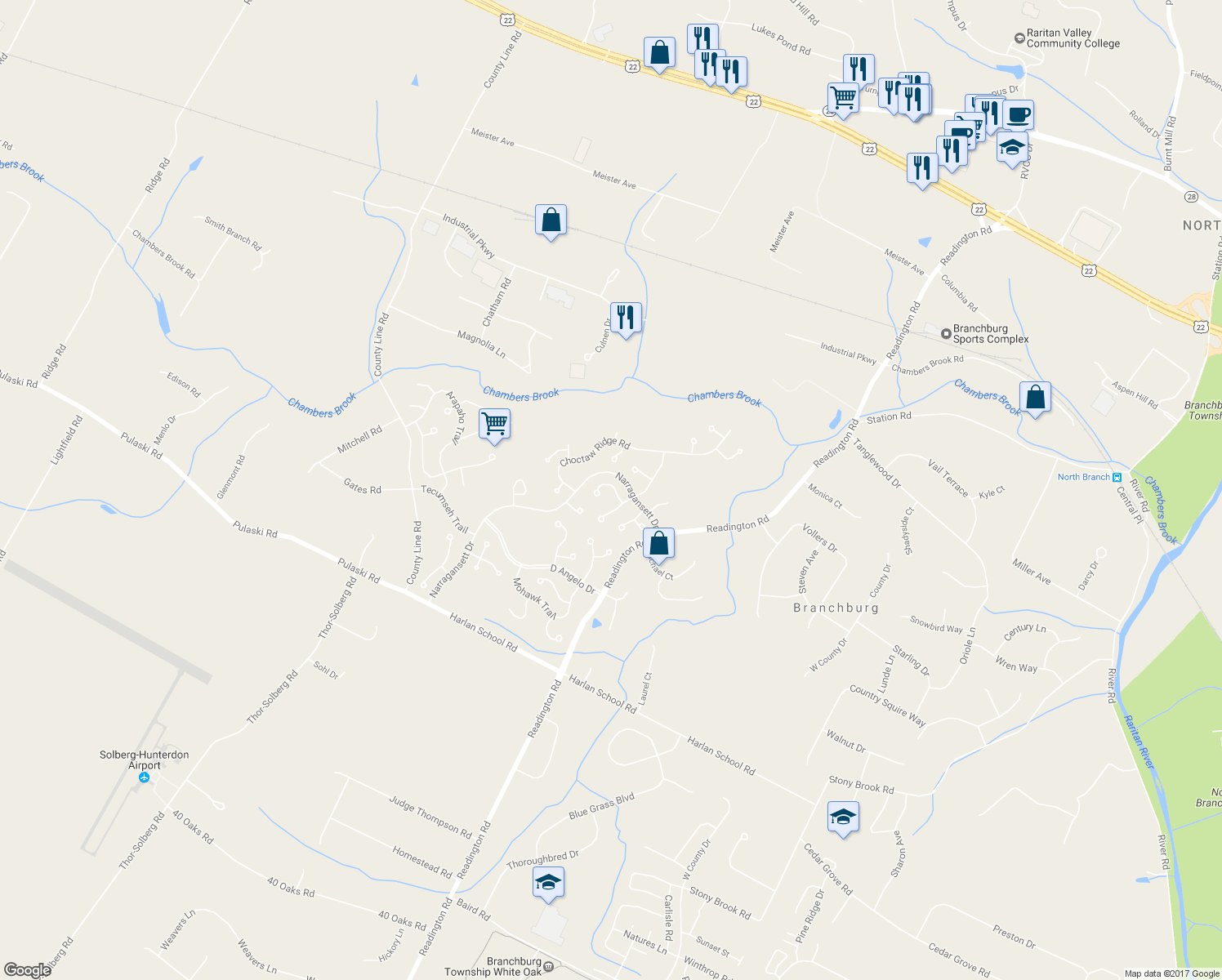 map of restaurants, bars, coffee shops, grocery stores, and more near 7 Dakota Trail in Somerville