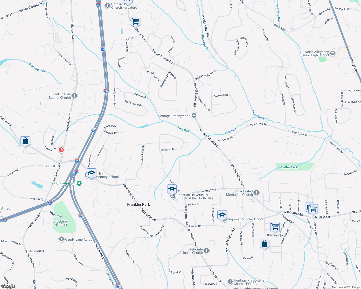 map of restaurants, bars, coffee shops, grocery stores, and more near 2444 Bellwood Dr in Pittsburgh