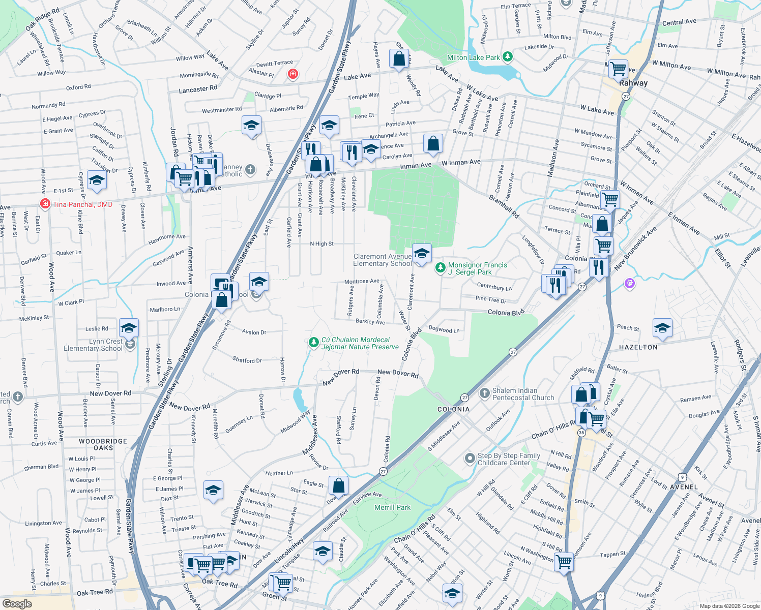 map of restaurants, bars, coffee shops, grocery stores, and more near 30 Columbia Avenue in Woodbridge Township