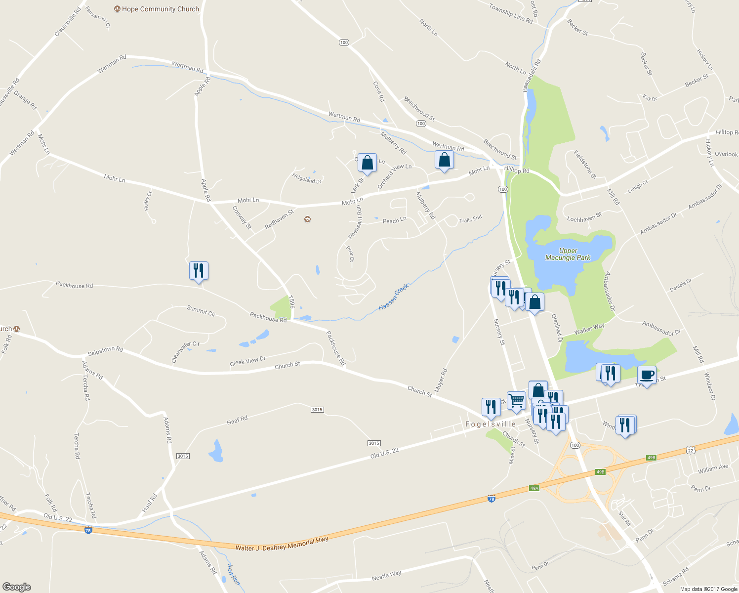 map of restaurants, bars, coffee shops, grocery stores, and more near 8326 Willow Run in Fogelsville