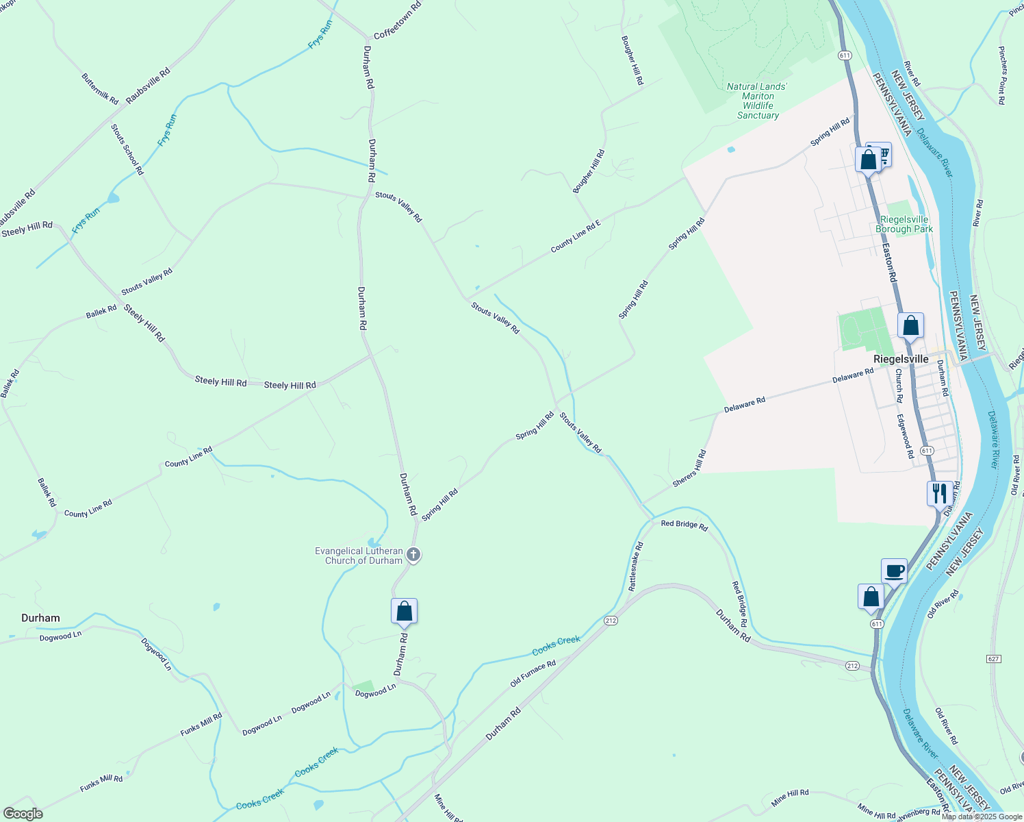 map of restaurants, bars, coffee shops, grocery stores, and more near 917 Spring Hill Road in Riegelsville