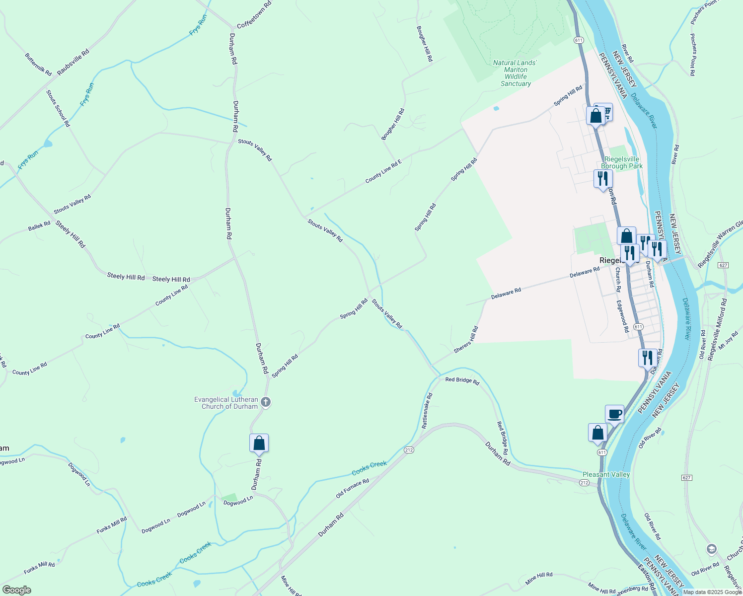 map of restaurants, bars, coffee shops, grocery stores, and more near Stouts Valley Road in Riegelsville