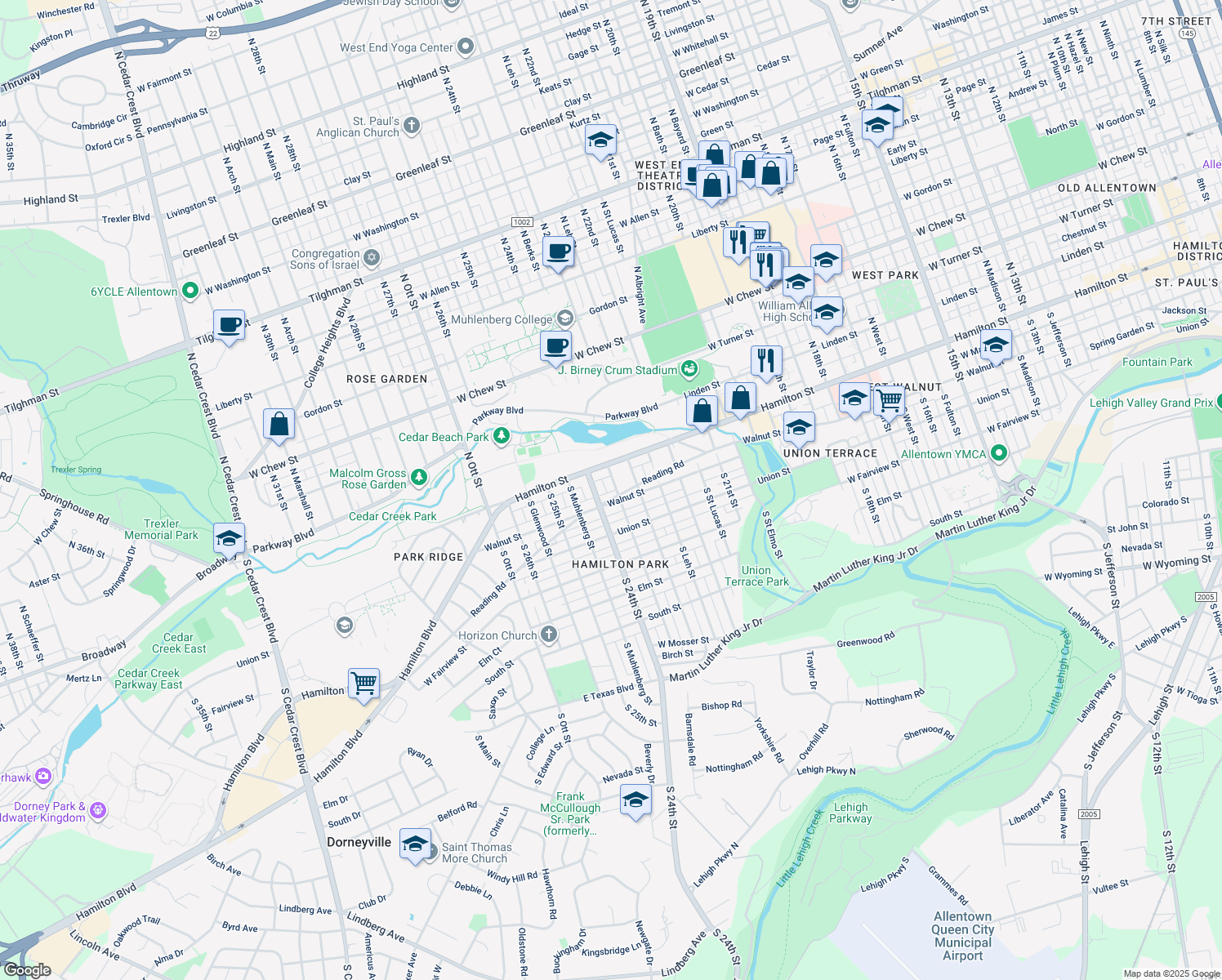 map of restaurants, bars, coffee shops, grocery stores, and more near 30 South Berks Street in Allentown