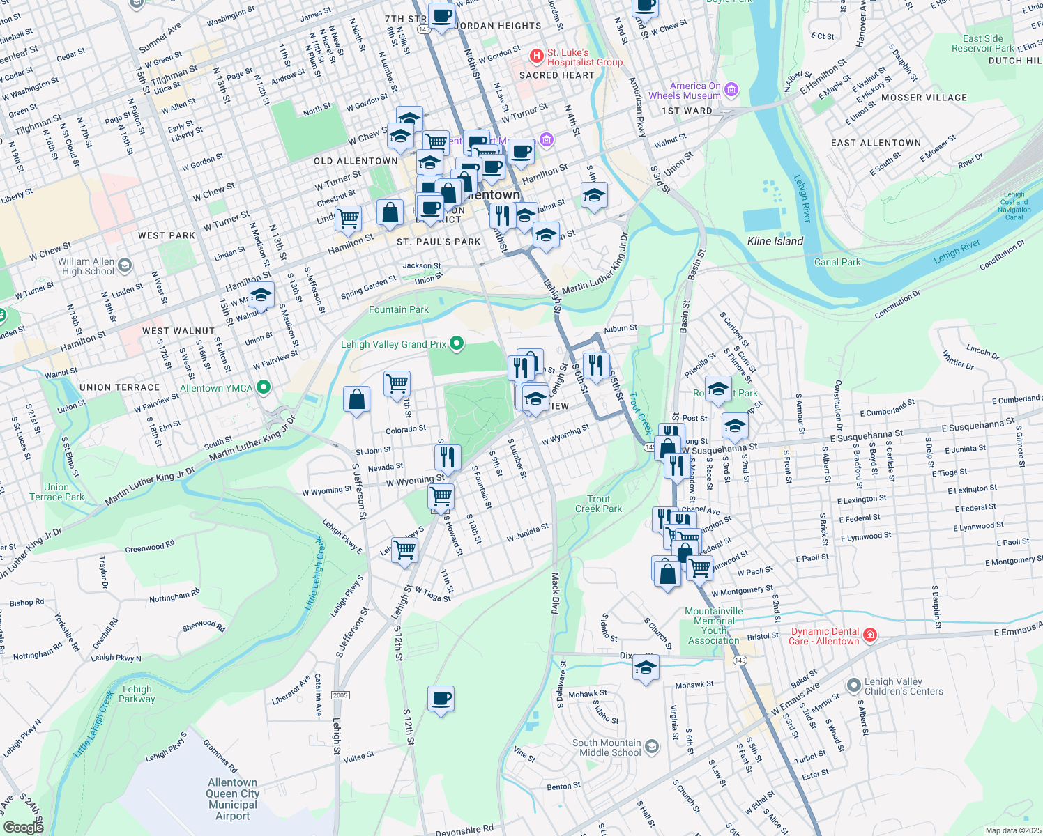 map of restaurants, bars, coffee shops, grocery stores, and more near 811 Lehigh Street in Allentown