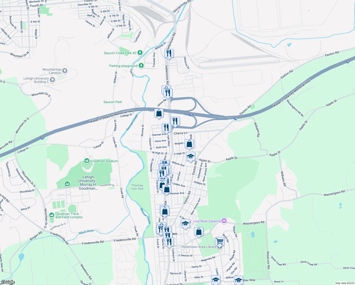 map of restaurants, bars, coffee shops, grocery stores, and more near 75 Wagner Avenue in Hellertown
