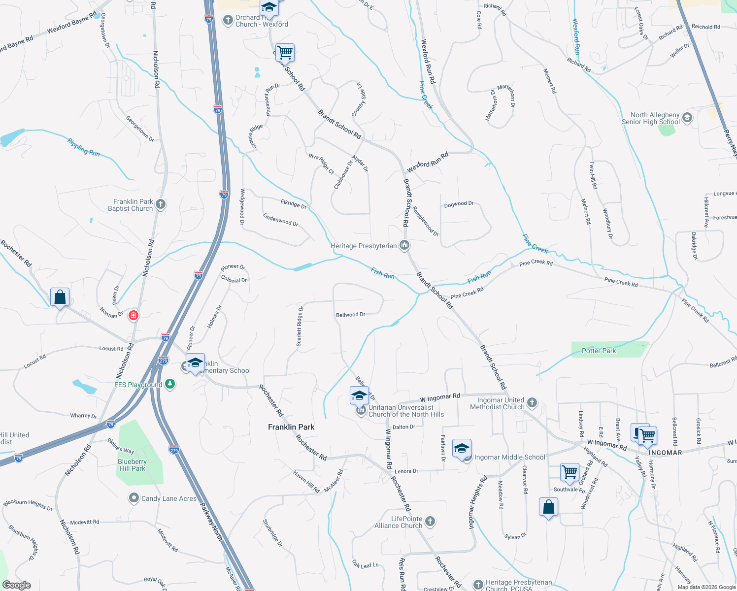 map of restaurants, bars, coffee shops, grocery stores, and more near 2444 Bellwood Drive in Pittsburgh