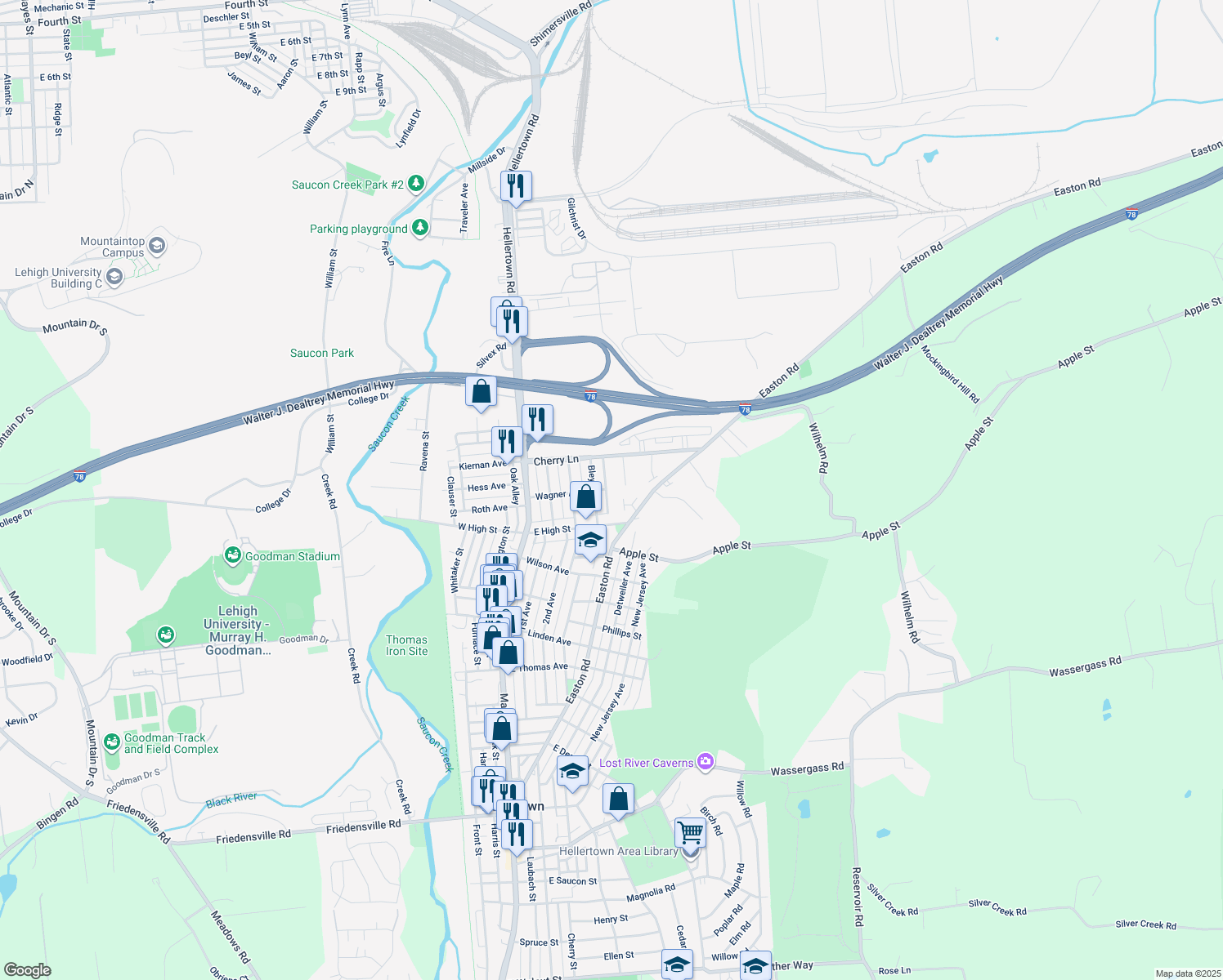 map of restaurants, bars, coffee shops, grocery stores, and more near 1603 Zimpfer Lane in Hellertown