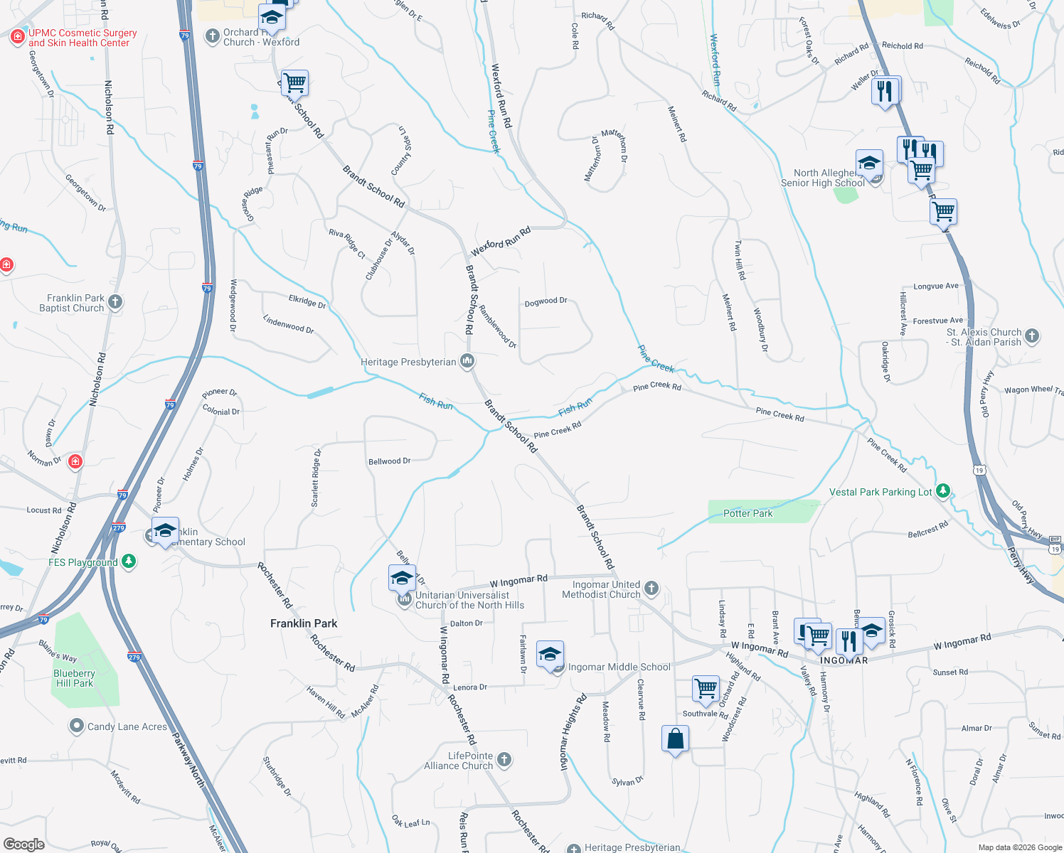 map of restaurants, bars, coffee shops, grocery stores, and more near 1100 Pine Lane in Wexford