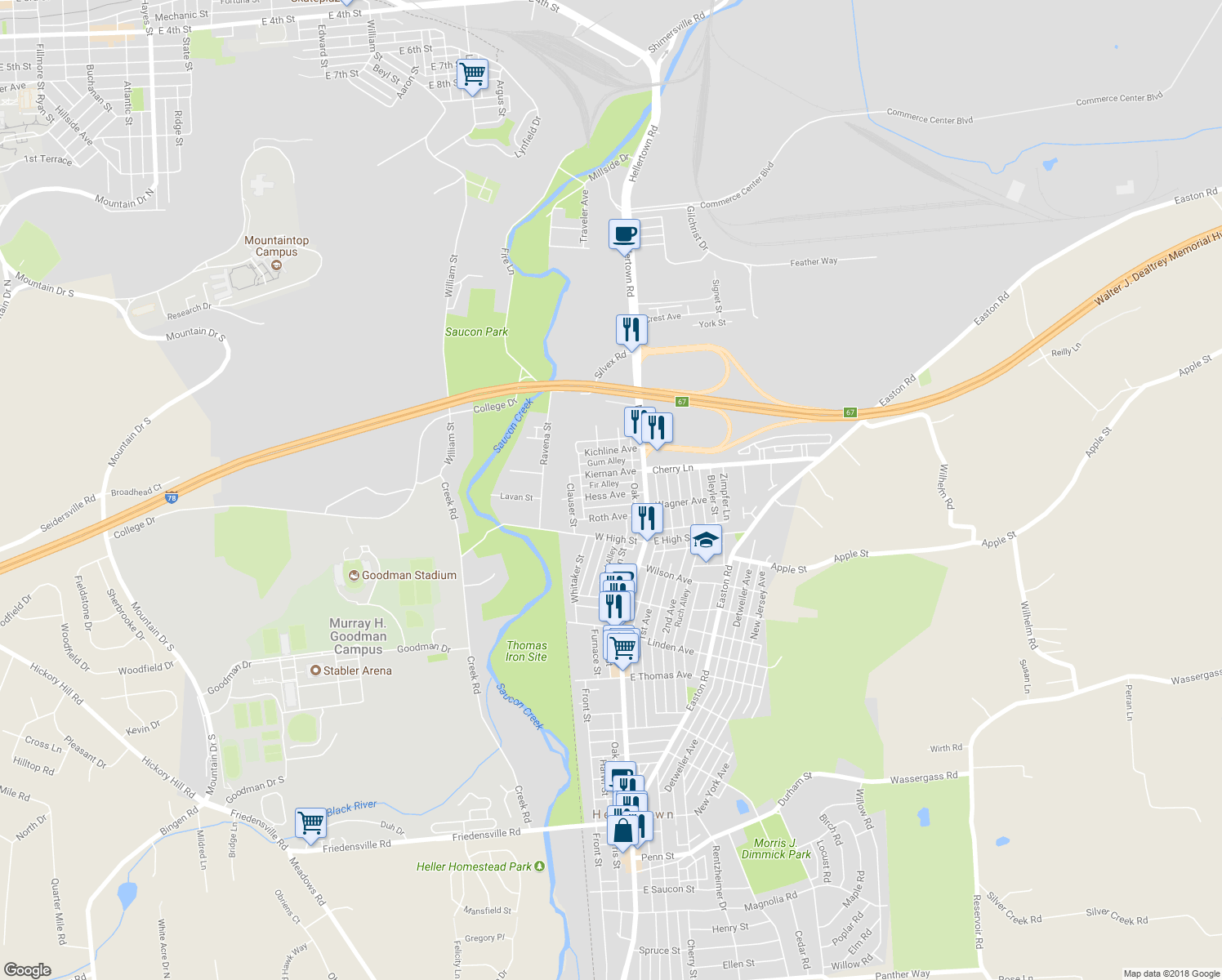map of restaurants, bars, coffee shops, grocery stores, and more near 43 Hess Avenue in Hellertown
