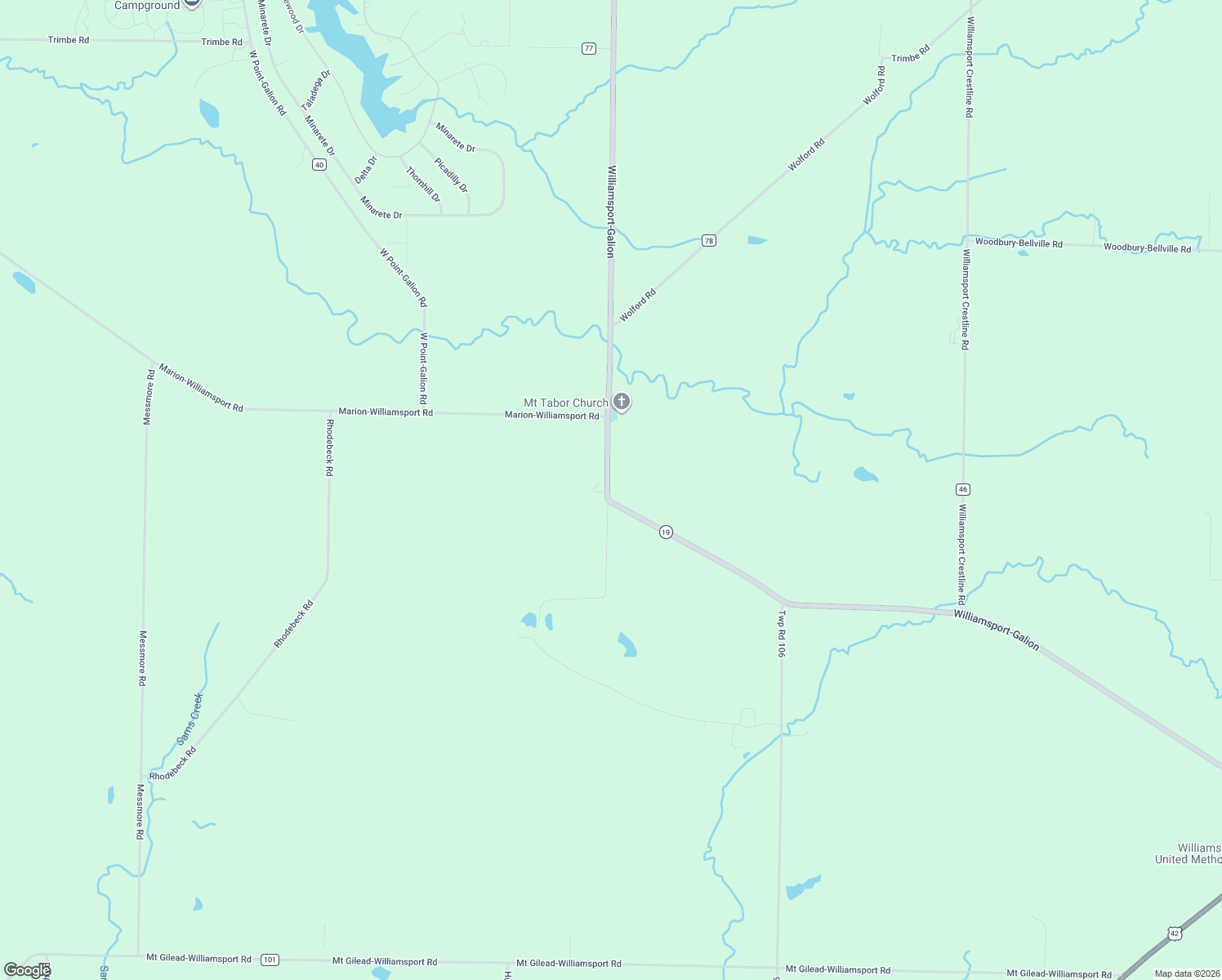 map of restaurants, bars, coffee shops, grocery stores, and more near 6519 Ohio 19 in Mount Gilead