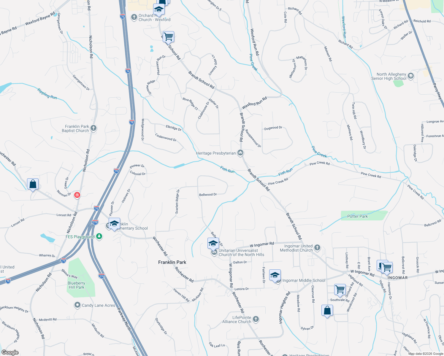 map of restaurants, bars, coffee shops, grocery stores, and more near 2437 Bellwood Drive in Pittsburgh