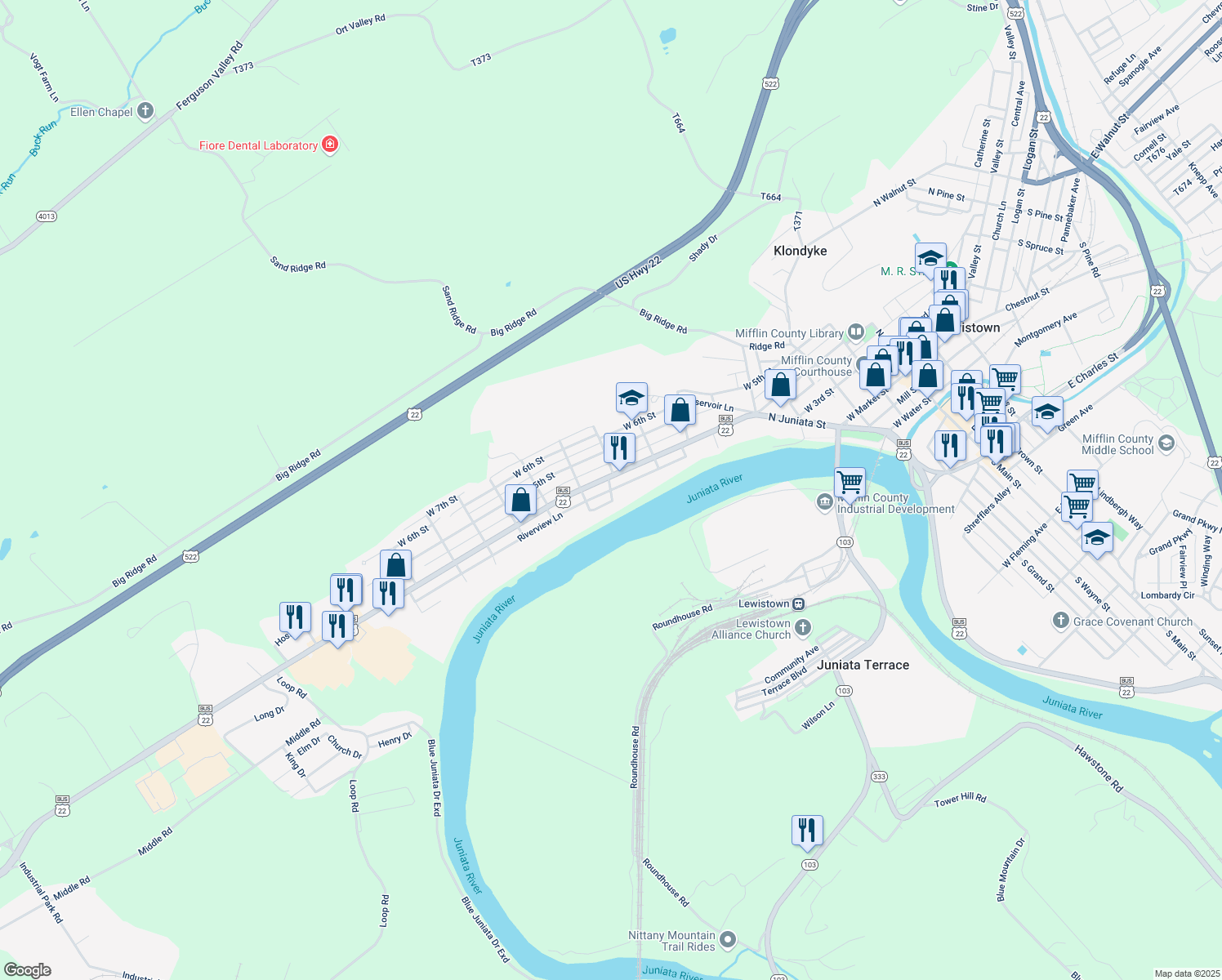 map of restaurants, bars, coffee shops, grocery stores, and more near 599 Riverview Lane in Lewistown