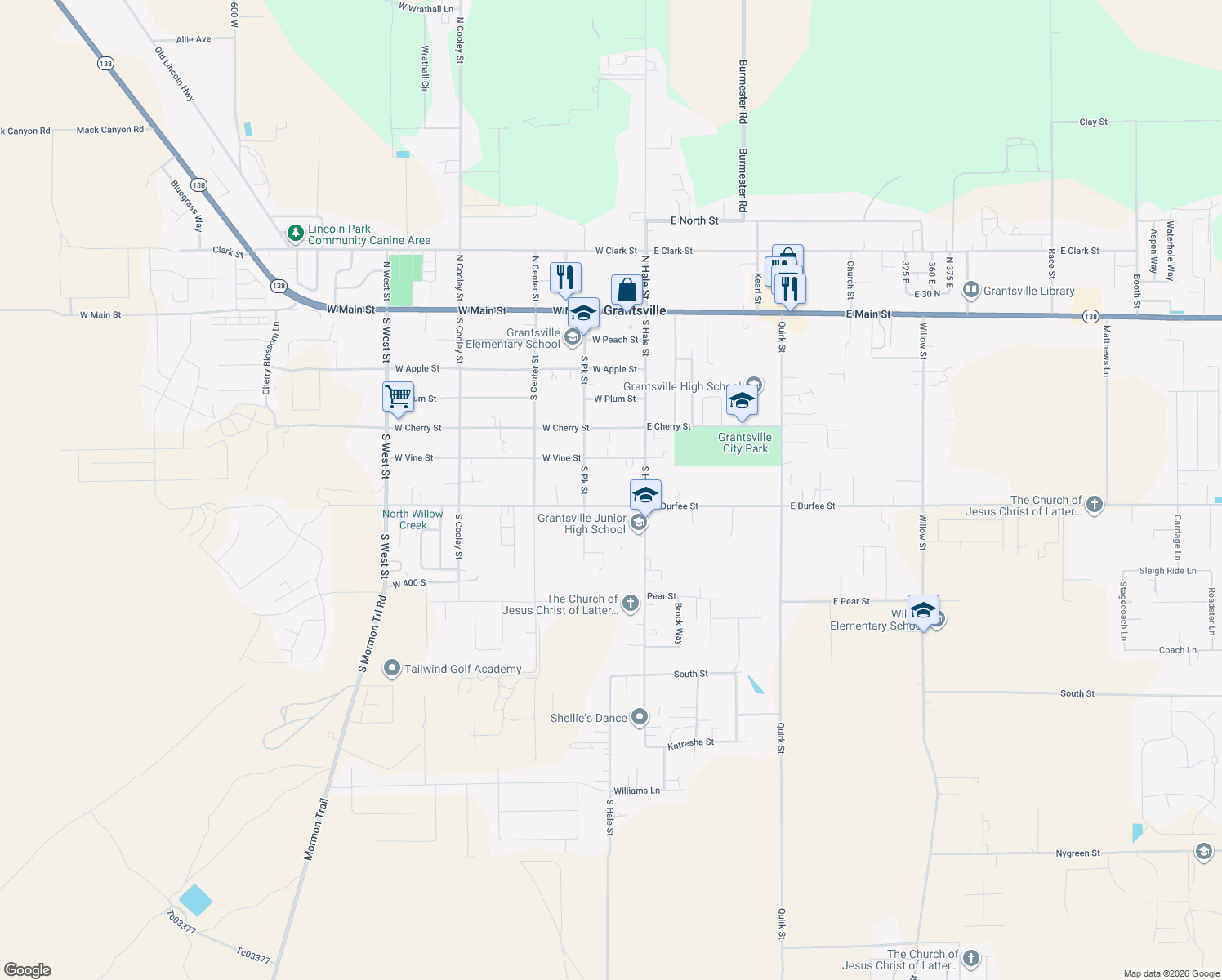 map of restaurants, bars, coffee shops, grocery stores, and more near 60 West Durfee Street in Grantsville