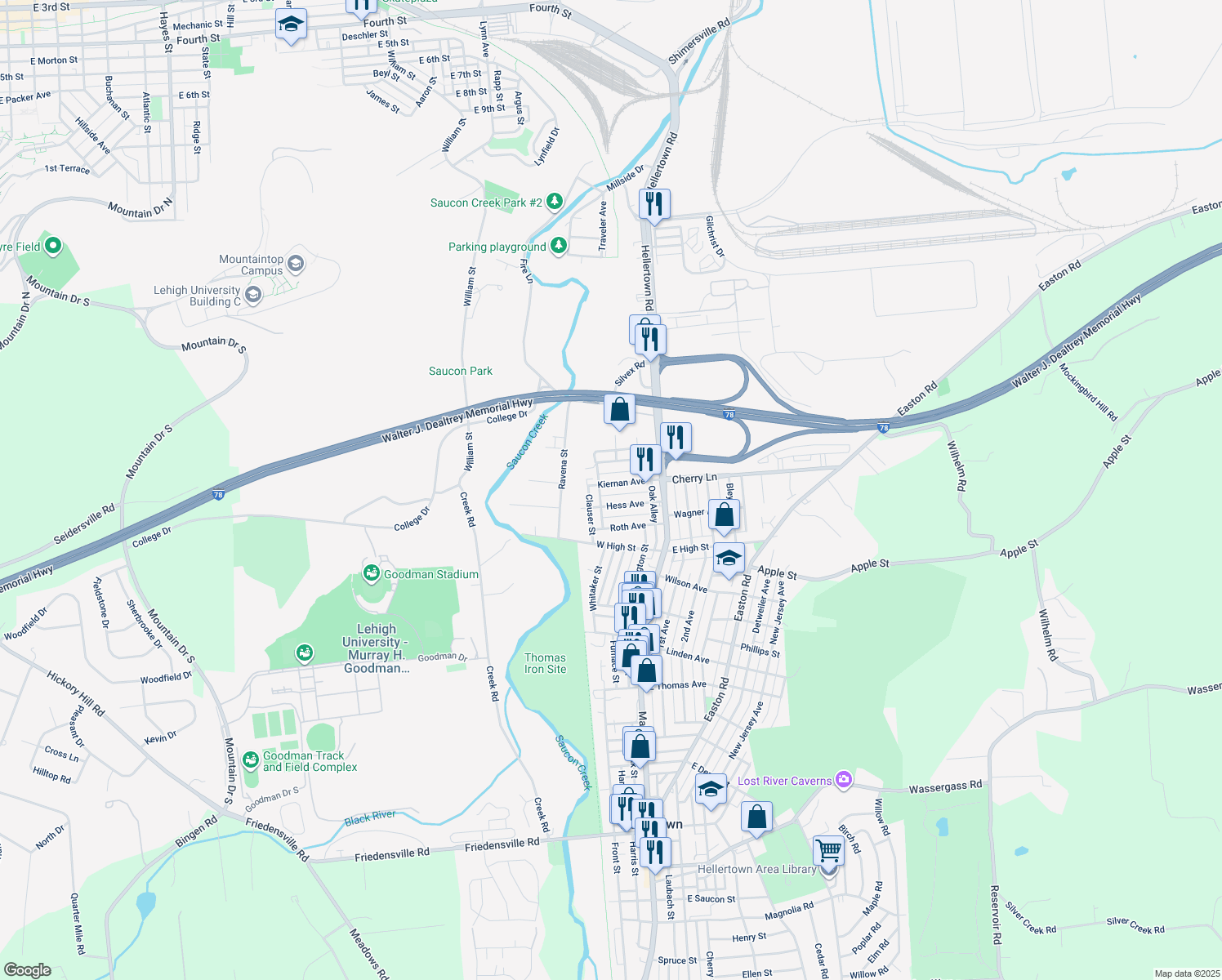 map of restaurants, bars, coffee shops, grocery stores, and more near 78 Kiernan Avenue in Hellertown