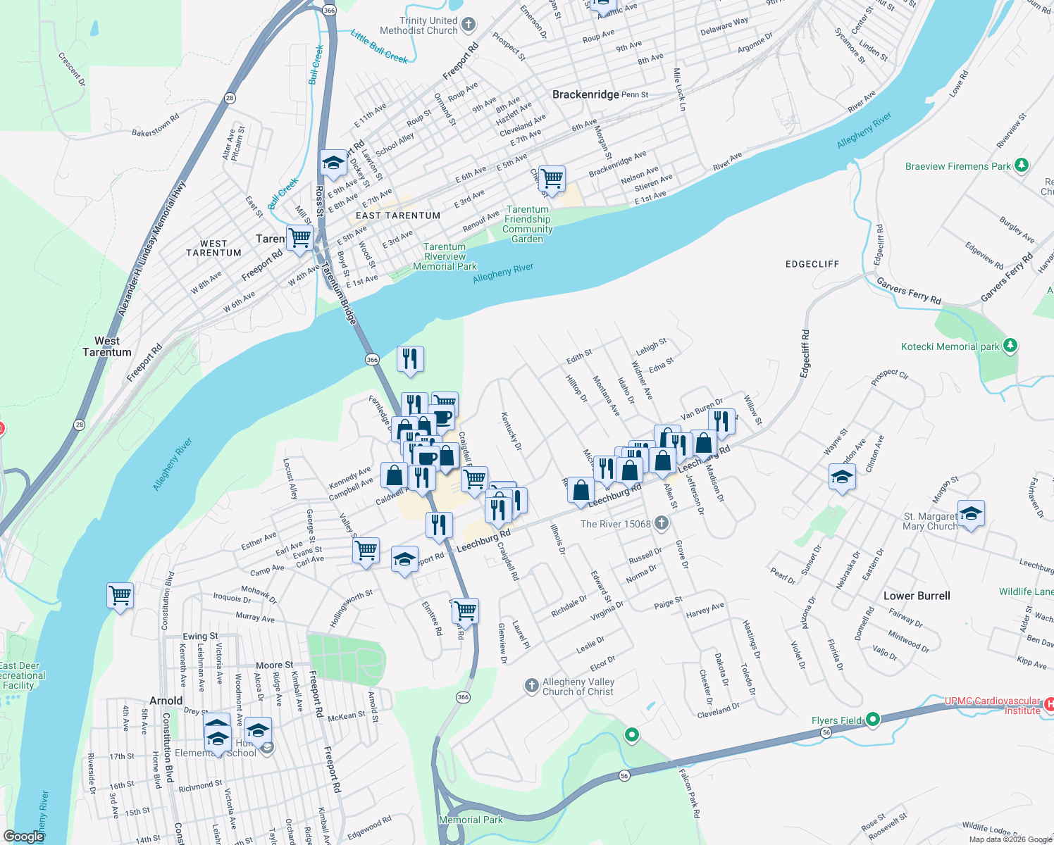map of restaurants, bars, coffee shops, grocery stores, and more near 221 Reed Street in New Kensington