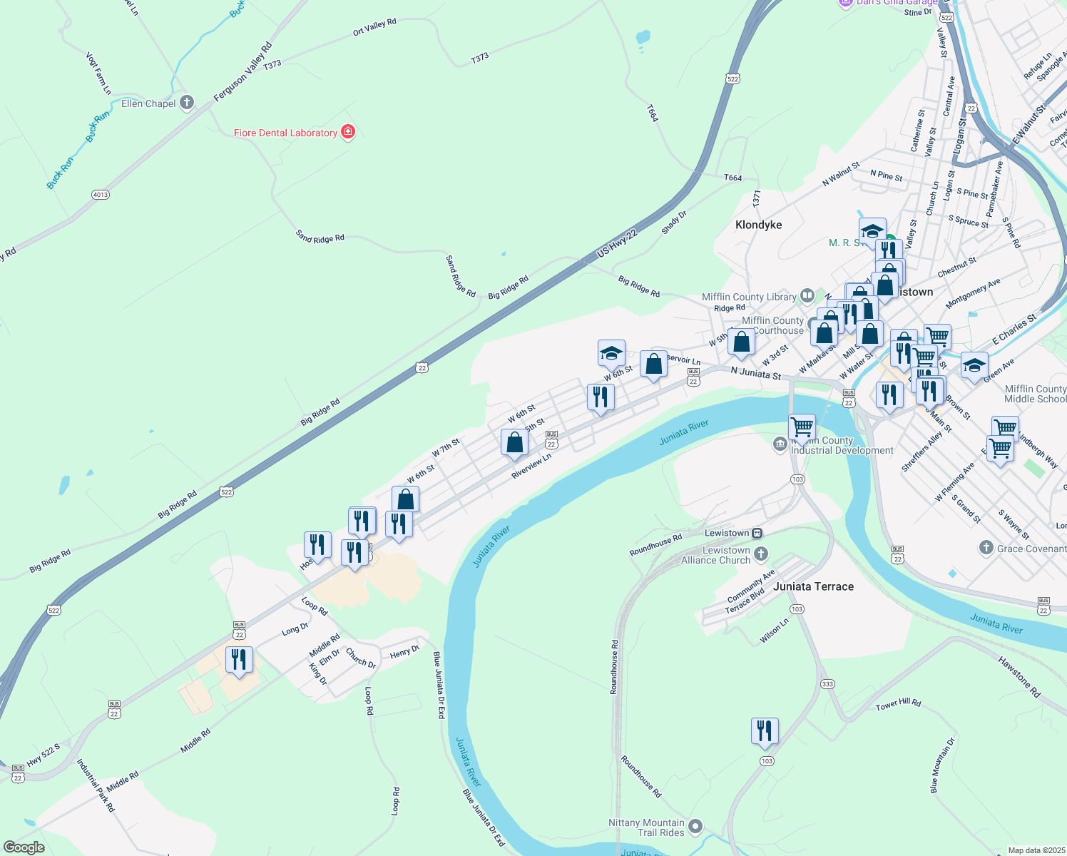 map of restaurants, bars, coffee shops, grocery stores, and more near 728 West 5th Street in Lewistown