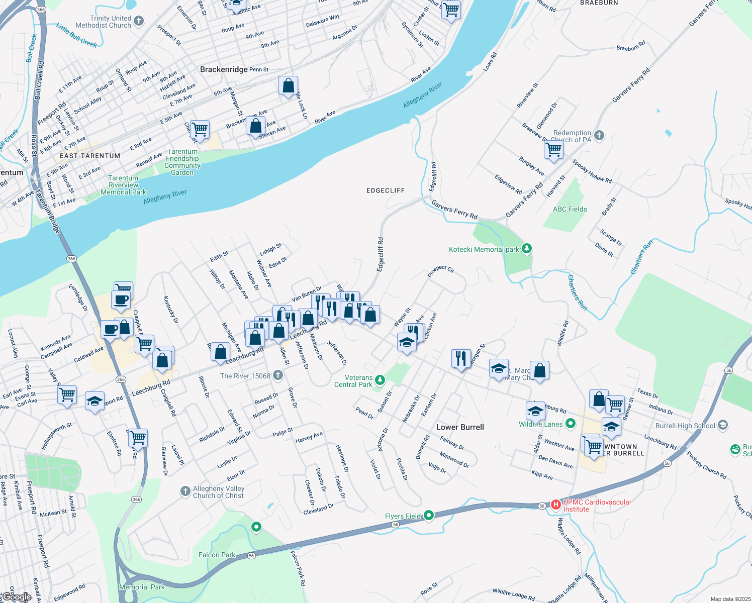 map of restaurants, bars, coffee shops, grocery stores, and more near 127 MacBeth Drive in New Kensington