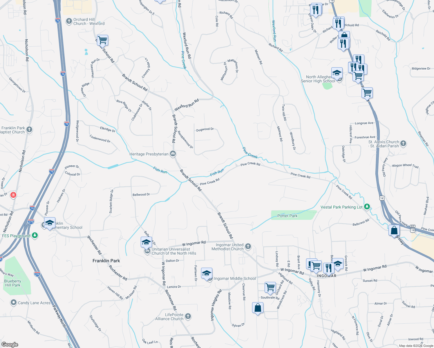 map of restaurants, bars, coffee shops, grocery stores, and more near 1559 Barrington Dr in Wexford