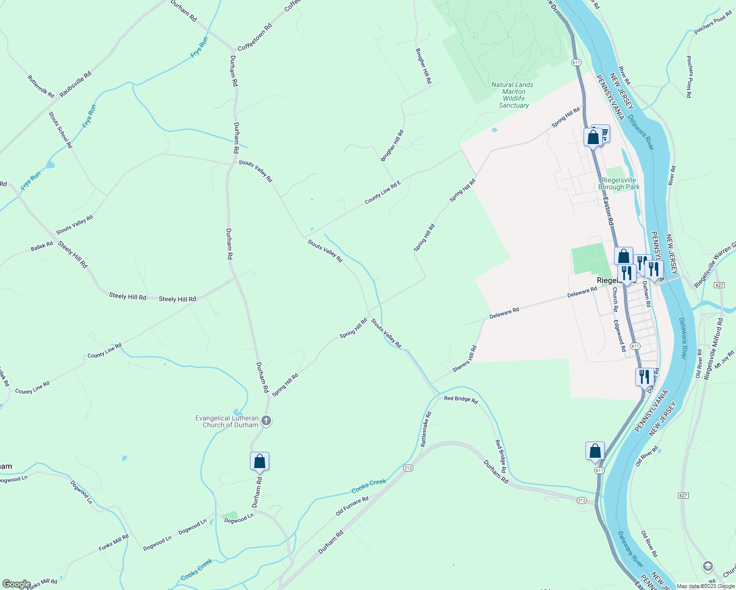 map of restaurants, bars, coffee shops, grocery stores, and more near 781 Stouts Valley Road in Riegelsville