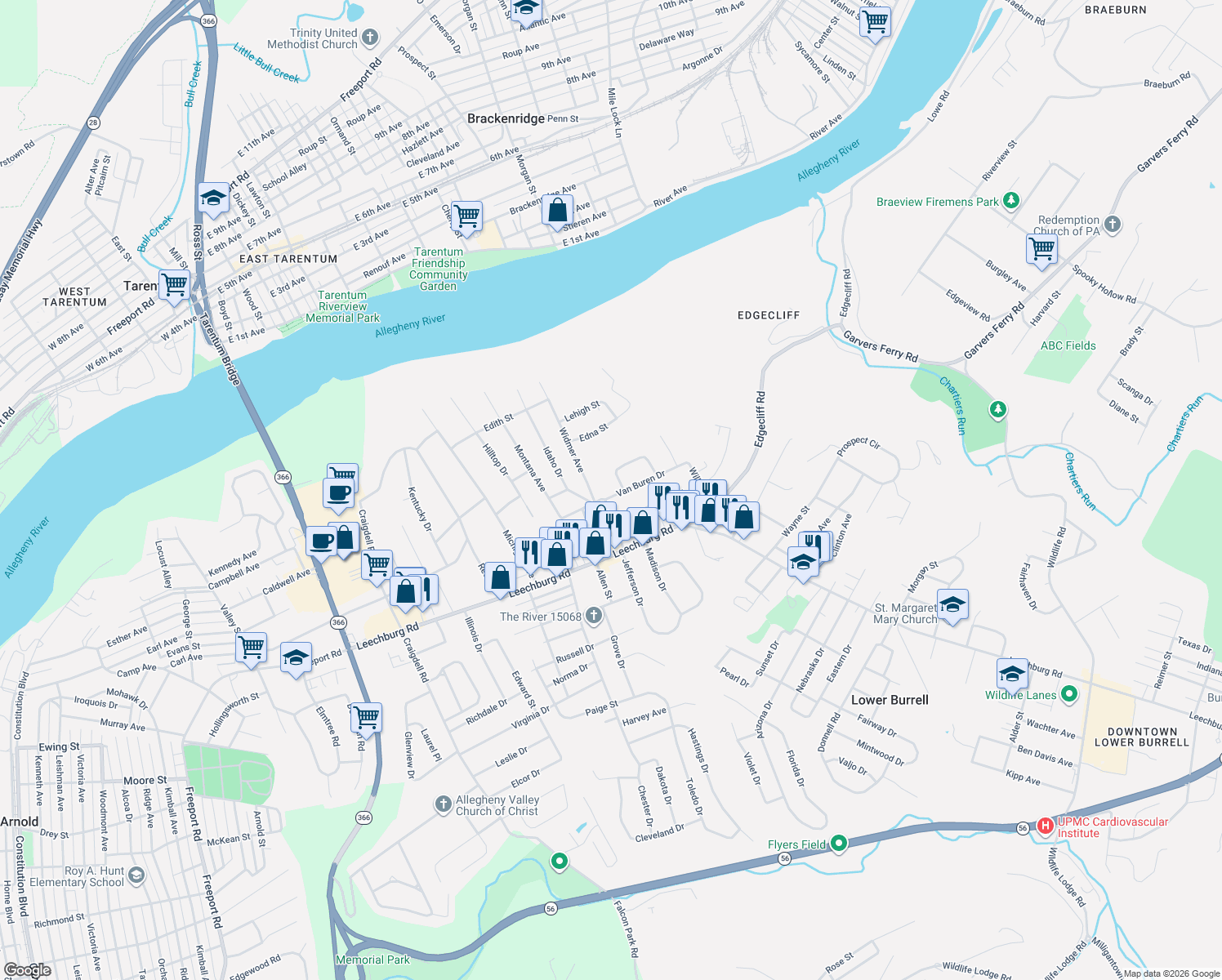 map of restaurants, bars, coffee shops, grocery stores, and more near 2713 Van Buren Drive in New Kensington