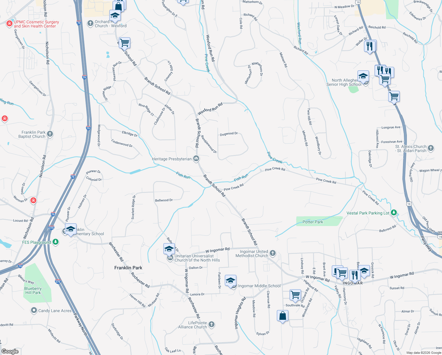 map of restaurants, bars, coffee shops, grocery stores, and more near 1100 Pine Lane in Franklin Park