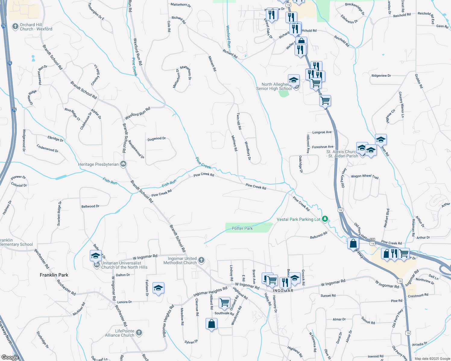 map of restaurants, bars, coffee shops, grocery stores, and more near 460 Pine Creek Road in Wexford