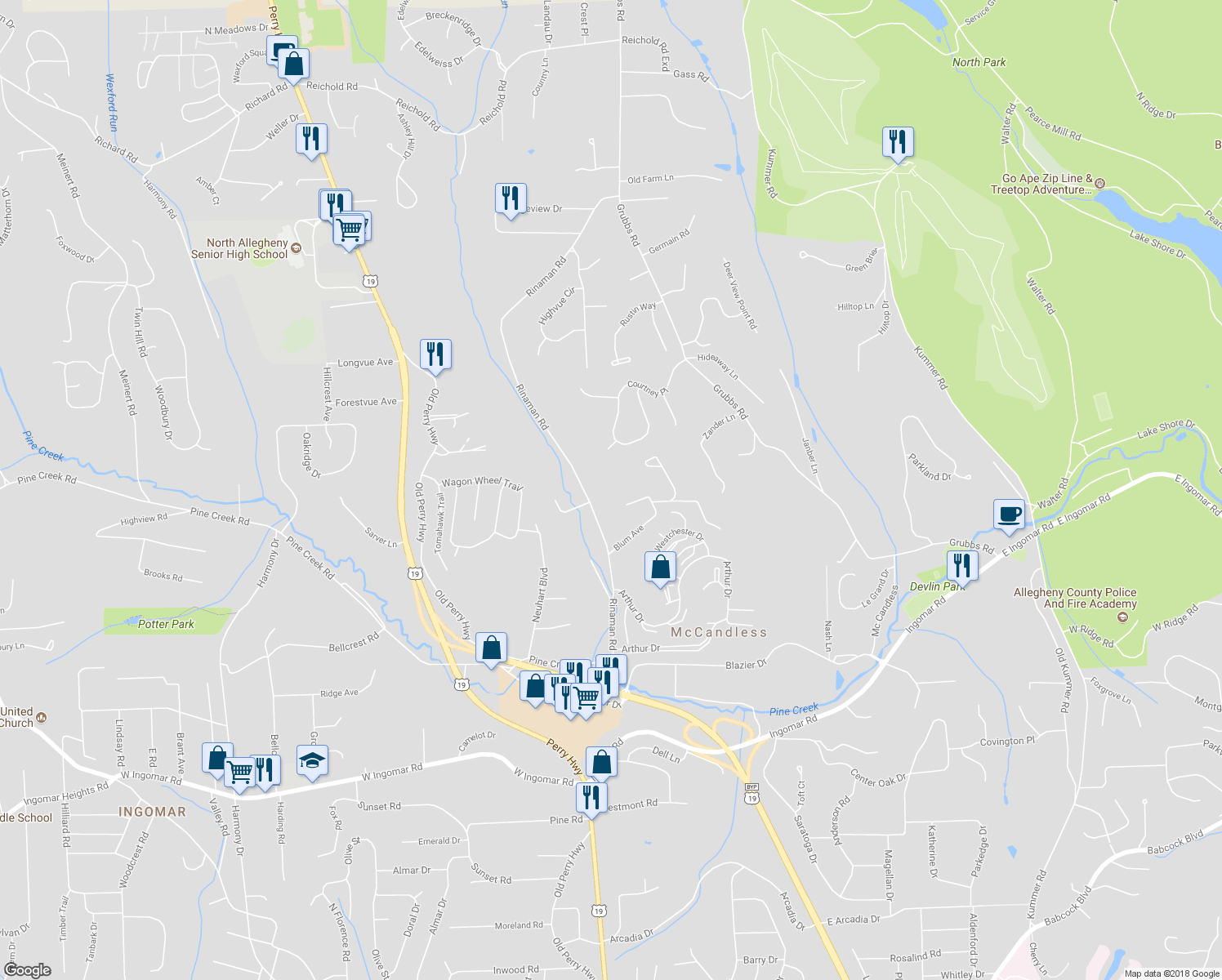 map of restaurants, bars, coffee shops, grocery stores, and more near 10020 Rinaman Rd in Wexford