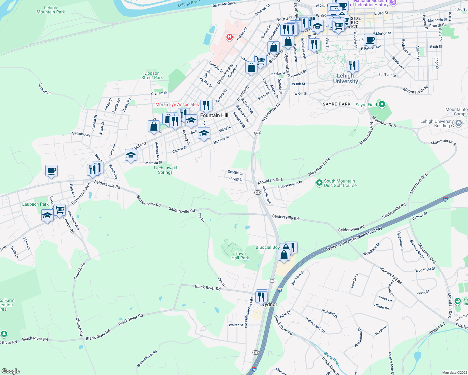 map of restaurants, bars, coffee shops, grocery stores, and more near 1377 Nace Avenue in Bethlehem