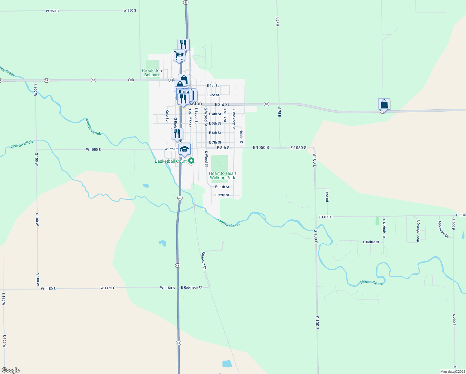 map of restaurants, bars, coffee shops, grocery stores, and more near 498 E 11th St in Brookston