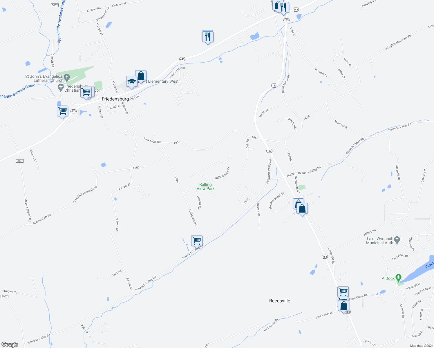 map of restaurants, bars, coffee shops, grocery stores, and more near 58 Rolling View Drive in Schuylkill Haven