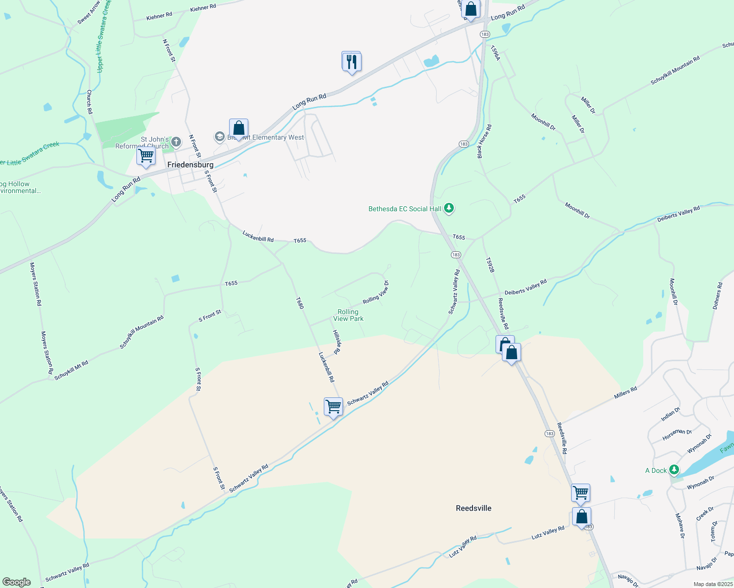 map of restaurants, bars, coffee shops, grocery stores, and more near 58 Rolling View Drive in Schuylkill Haven