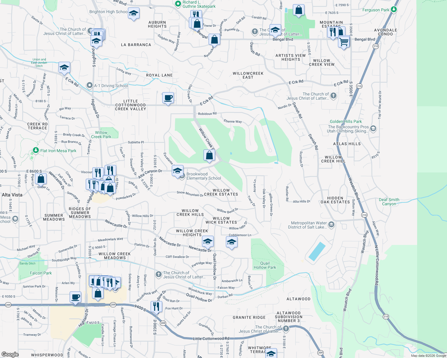 map of restaurants, bars, coffee shops, grocery stores, and more near 8651 South Mount Majestic Road in Sandy