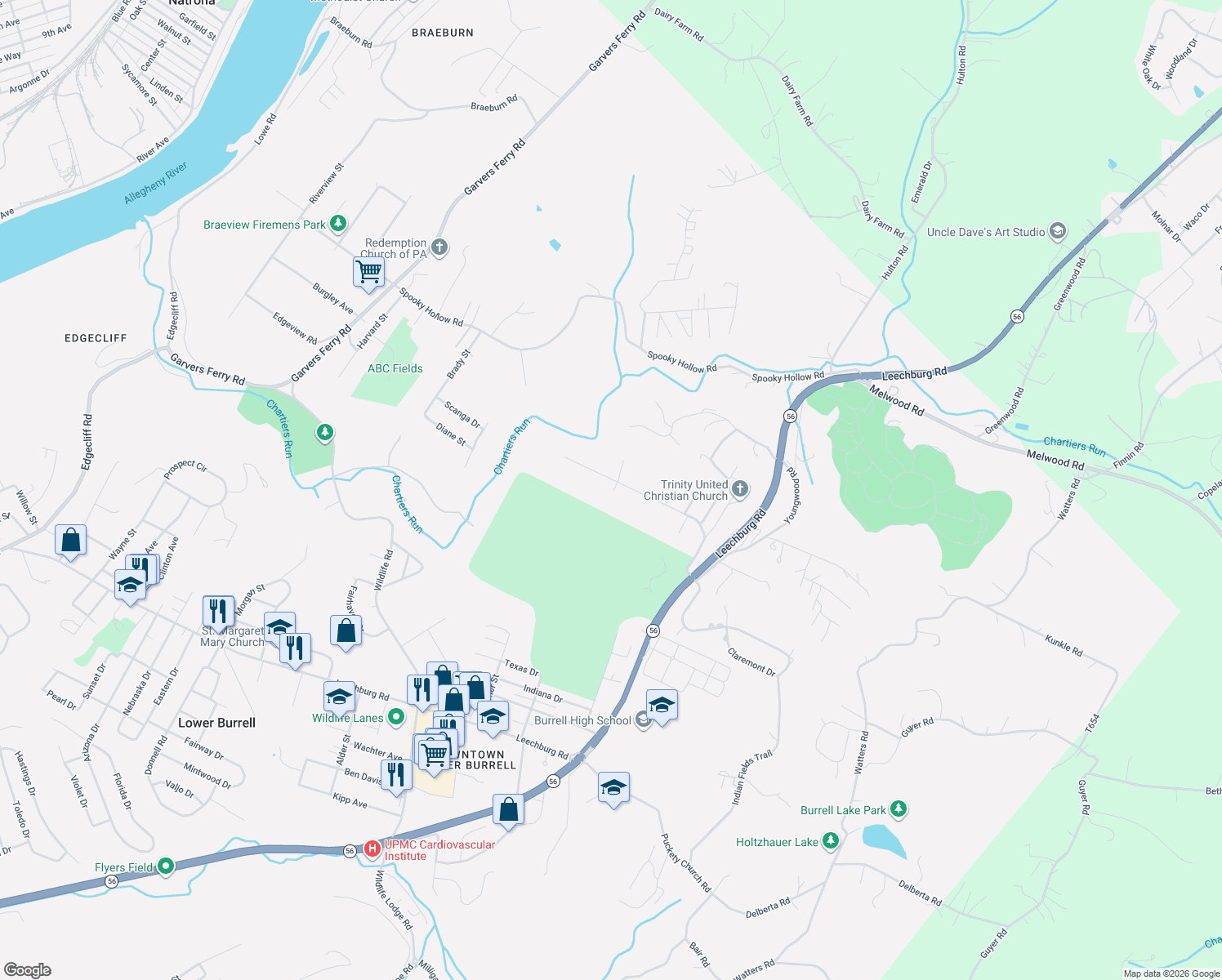 map of restaurants, bars, coffee shops, grocery stores, and more near 381 Hillcrest Drive in New Kensington