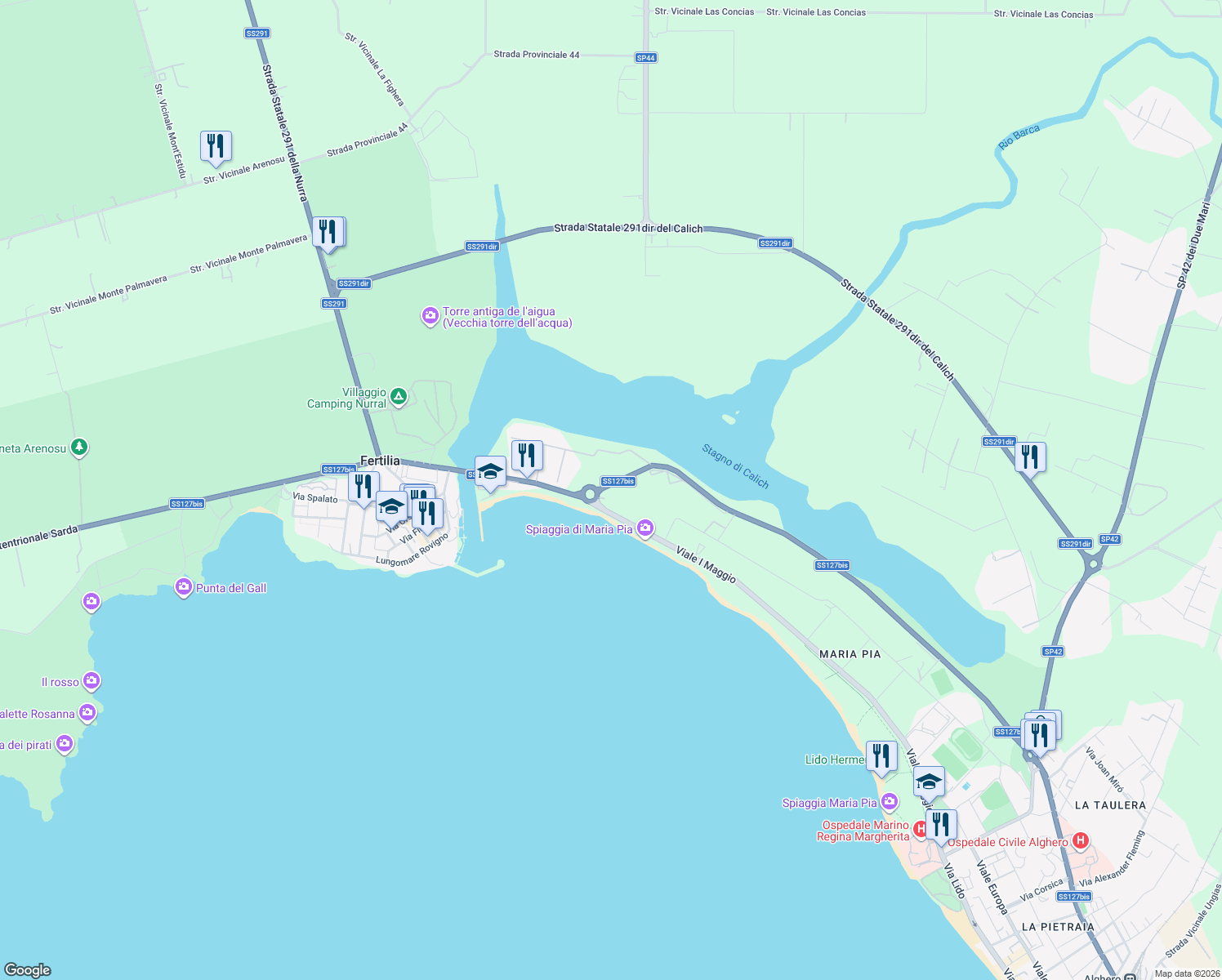 map of restaurants, bars, coffee shops, grocery stores, and more near 18 Viale Salvatore Burruni in Città metropolitana di Sassari
