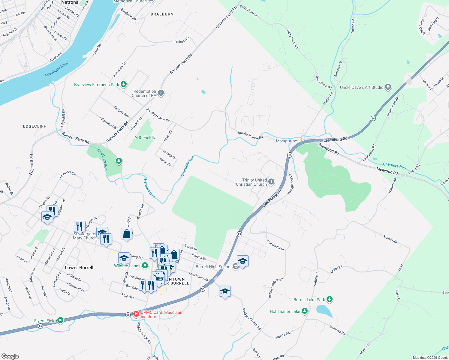 map of restaurants, bars, coffee shops, grocery stores, and more near 381 Hillcrest Drive in New Kensington