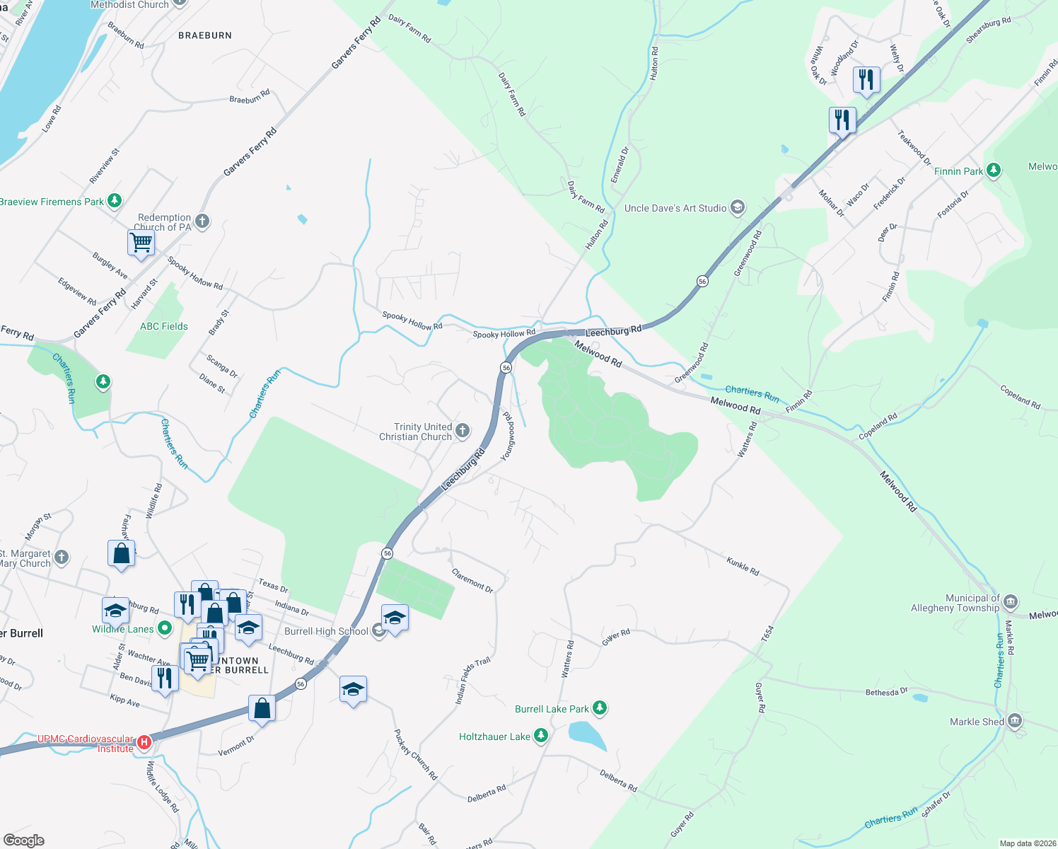 map of restaurants, bars, coffee shops, grocery stores, and more near 229 Taymer Drive in New Kensington