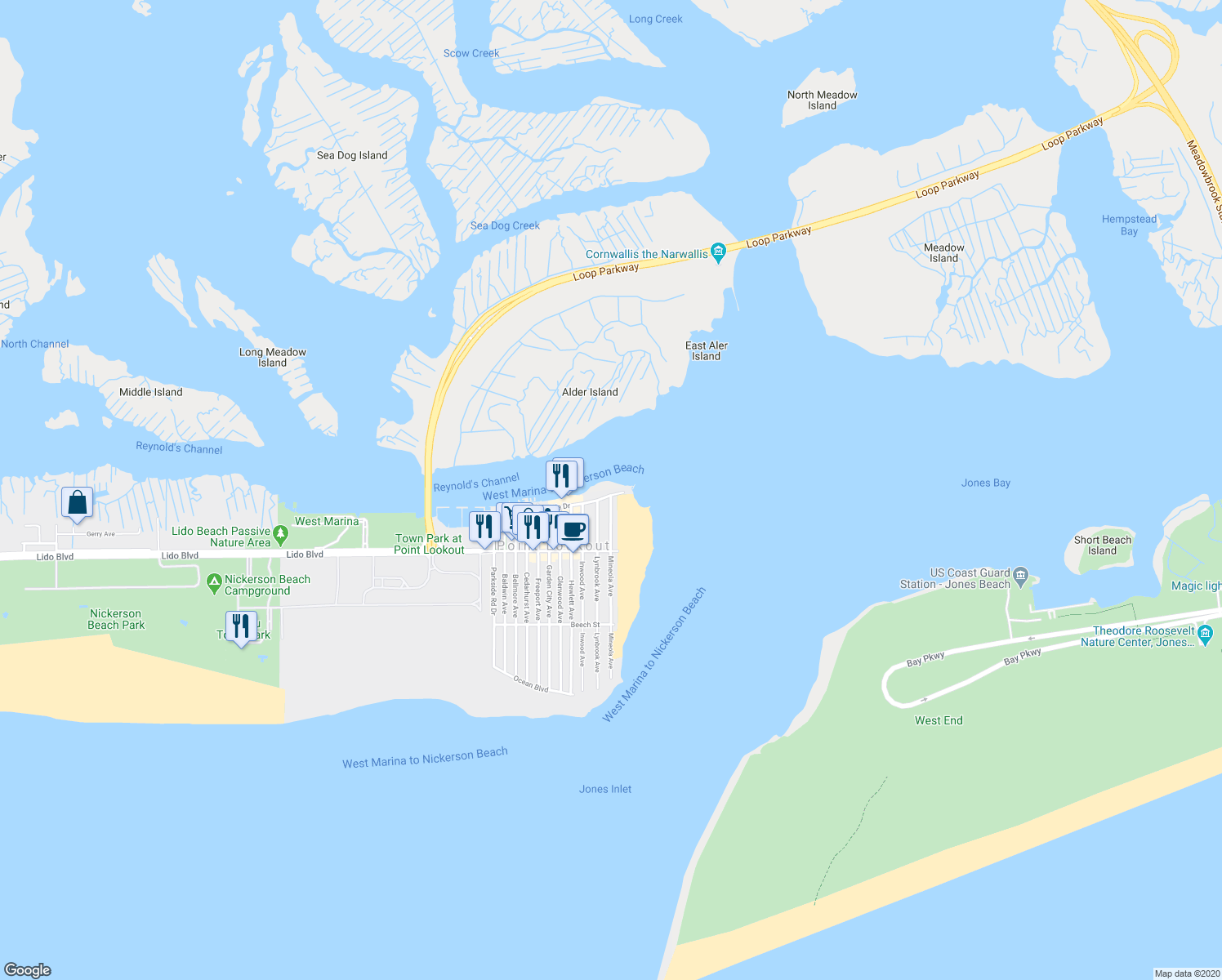 map of restaurants, bars, coffee shops, grocery stores, and more near 169 Bayside Drive in Point Lookout
