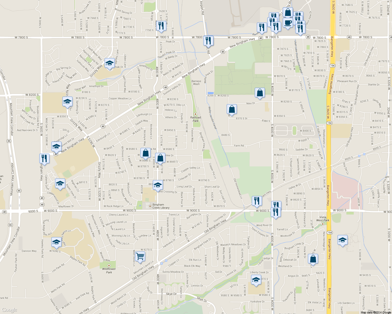 map of restaurants, bars, coffee shops, grocery stores, and more near 4521 Penny Cir in West Jordan