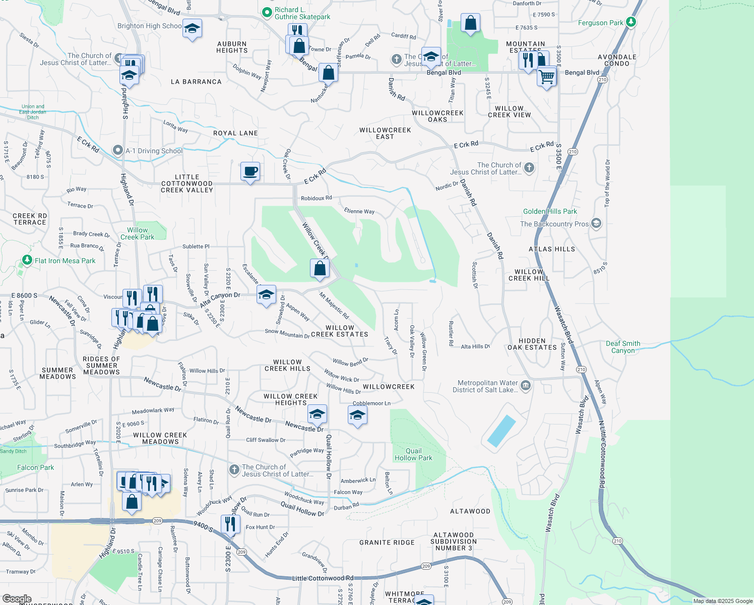 map of restaurants, bars, coffee shops, grocery stores, and more near 8618 Tracy Drive in Sandy