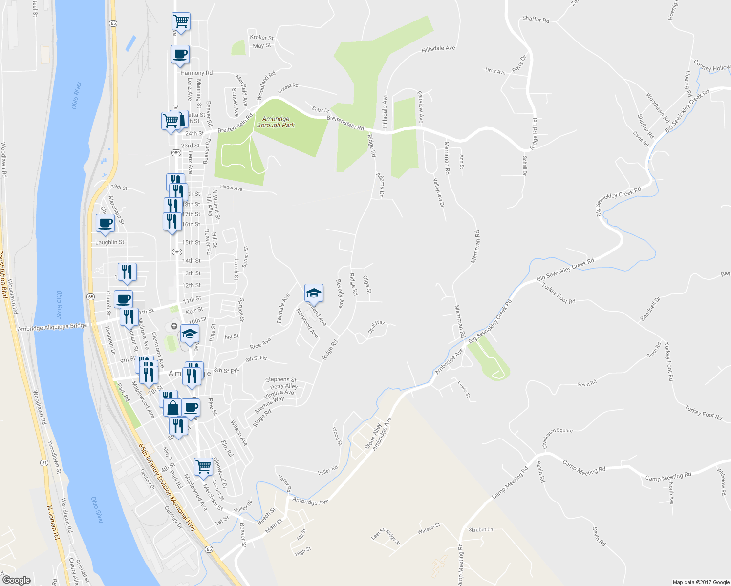 map of restaurants, bars, coffee shops, grocery stores, and more near 981 Olga Street in Ambridge