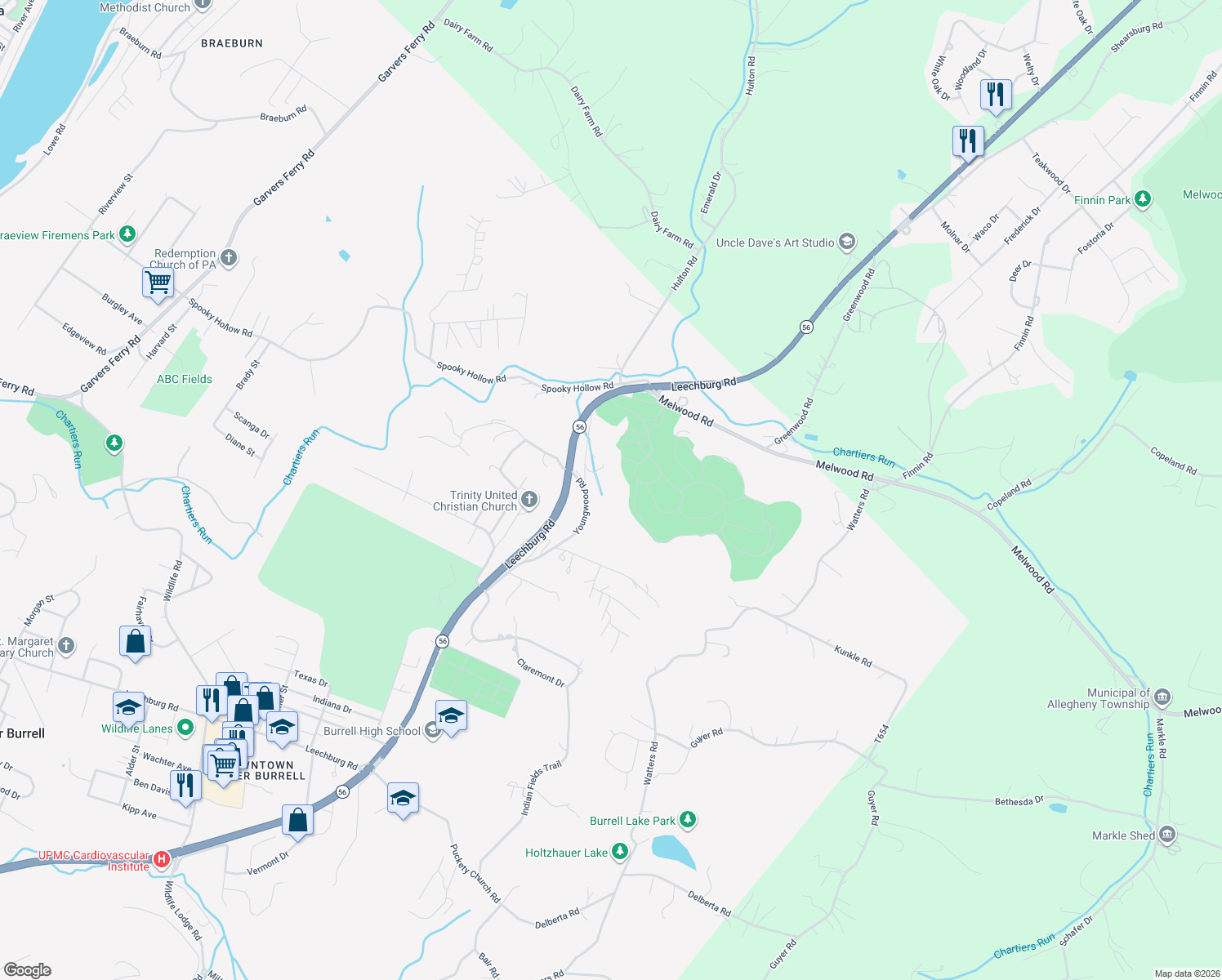 map of restaurants, bars, coffee shops, grocery stores, and more near 229 Taymer Drive in New Kensington